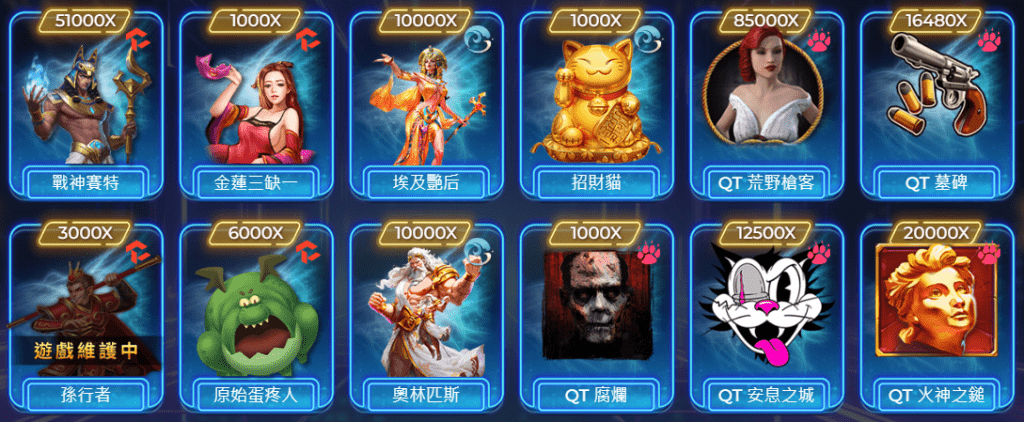 usdt娛樂城熱門老虎機遊戲選單，包括戰神賽特、招財貓、QT荒野槍客等高獎金機台