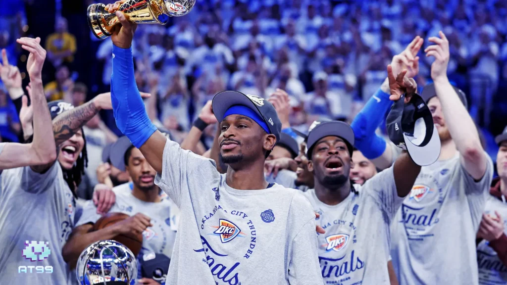 雷霆晉級西冠!雷霆為什麼這麼強?usdt娛樂城解析2025雷霆盤口變化 1 SGA高舉MVP獎杯慶祝西區冠軍,雷霆球員群情激昂