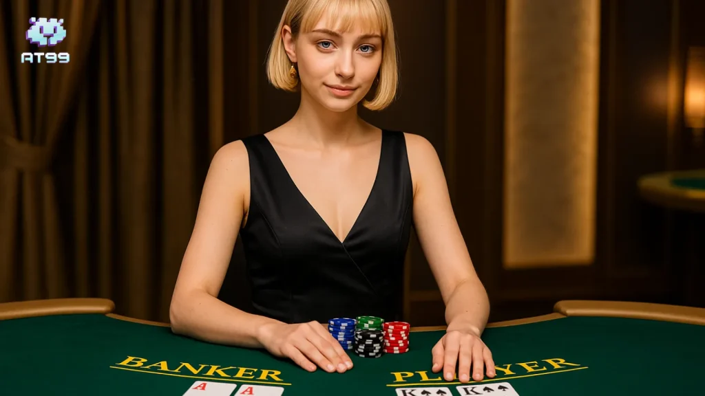 usdt娛樂城一位年輕女荷官坐在百家樂牌桌後方，桌面擺放籌碼與撲克牌，呈現線上真人百家樂的遊戲情境。