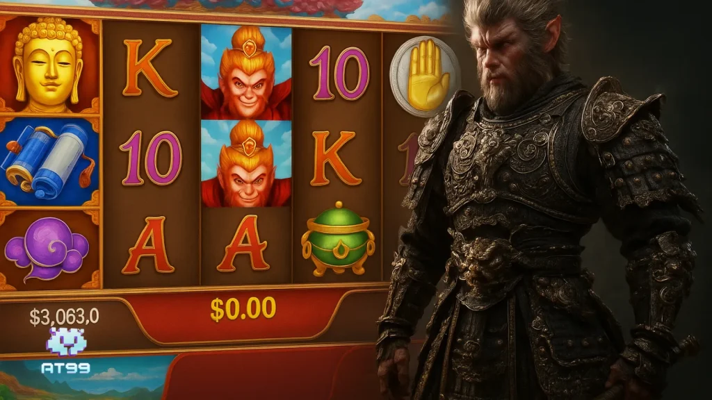 usdt娛樂城如來抓猴遊戲畫面，融合黑神話悟空風格的中式奇幻老虎機主題