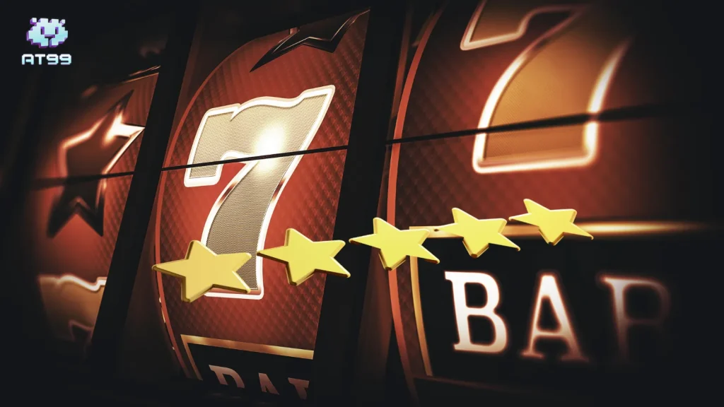 usdt娛樂城老虎機評價畫面，紅色777與五顆星星評比設計